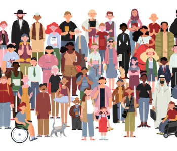 Socially diverse multicultural and multiracial people on an isolated white background. Happy old and young women and men with children, as well as people with disabilities standing together. Vector