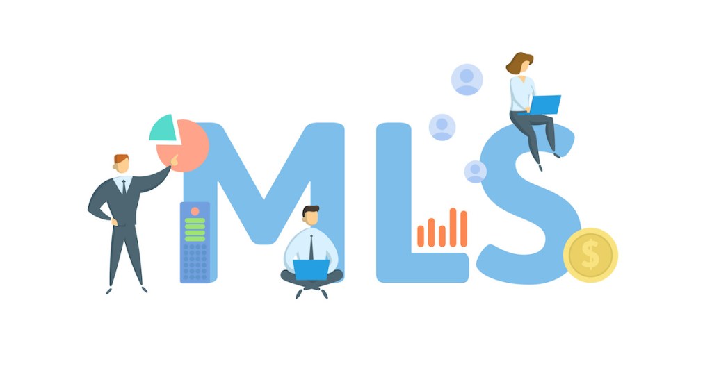 MLS, Multiple Listing Service. Concept with keywords, people and icons. Flat vector illustration. Isolated on white.