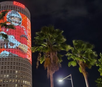 Tampa, Florida USA - January 31 , 2021: View of the Tampa Downtown Building with Tom Brady Buccaneer player projection for the Superbowl LV